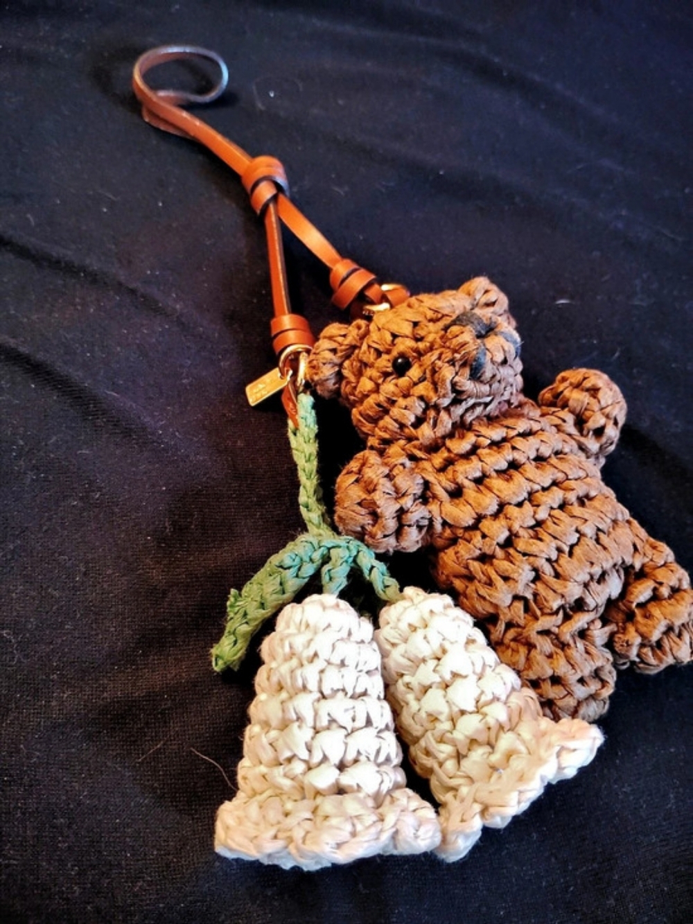 Coach Bear /Flowers Bag Charm Crochet  Charm Keychain Brown & Cream